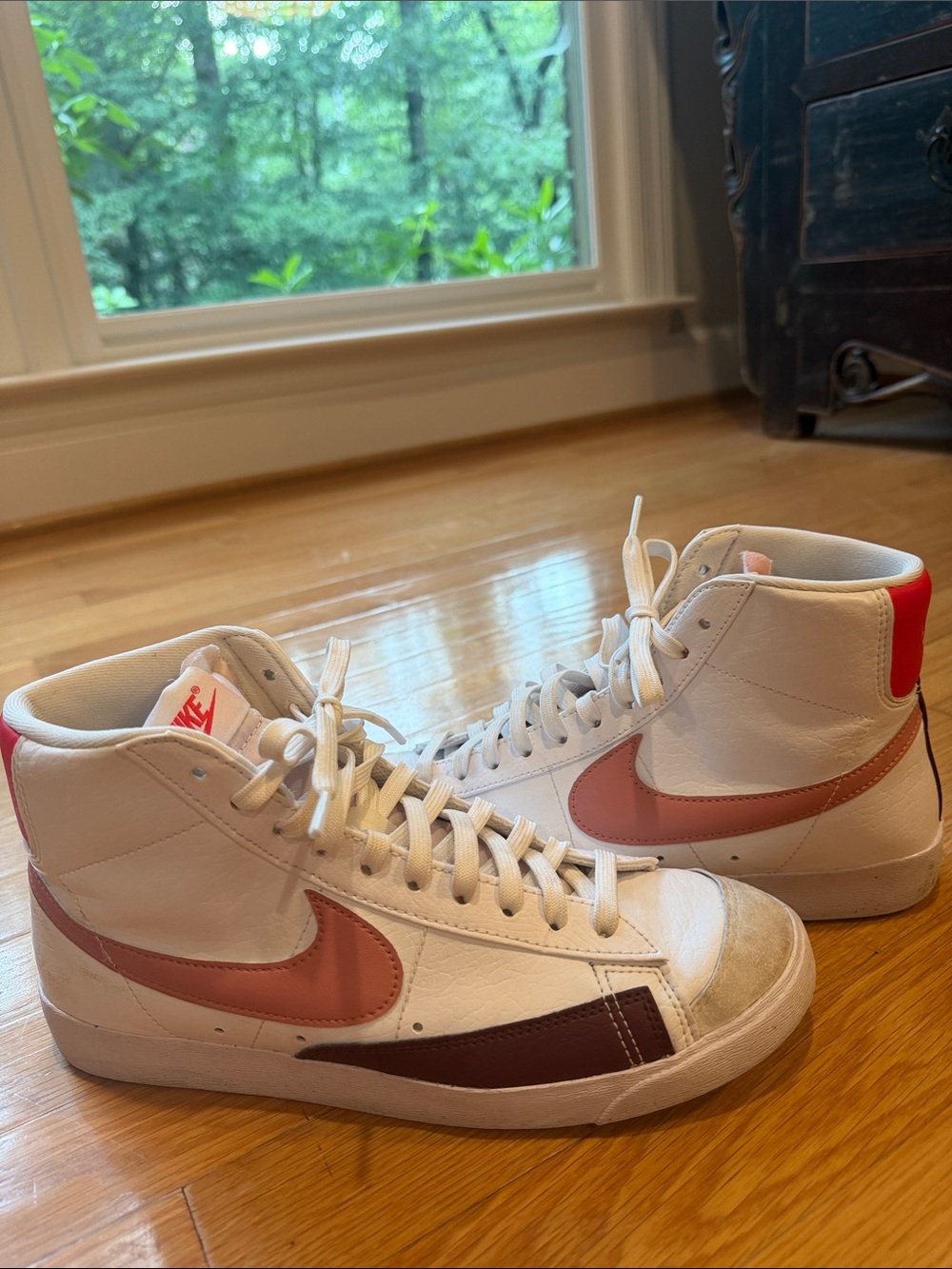 Nike Blazer High-Top Sneakers in White with Pink & Burgundy Swoosh